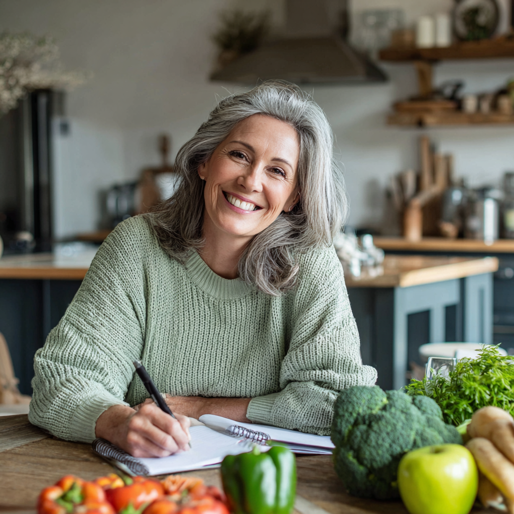 A confident woman in her late 40s with graying hair wearing a light green sweater, sitting at a modern kitchen table with fresh vegetables and a notebook, smiling warmly while planning her weekly meals in natural daylight